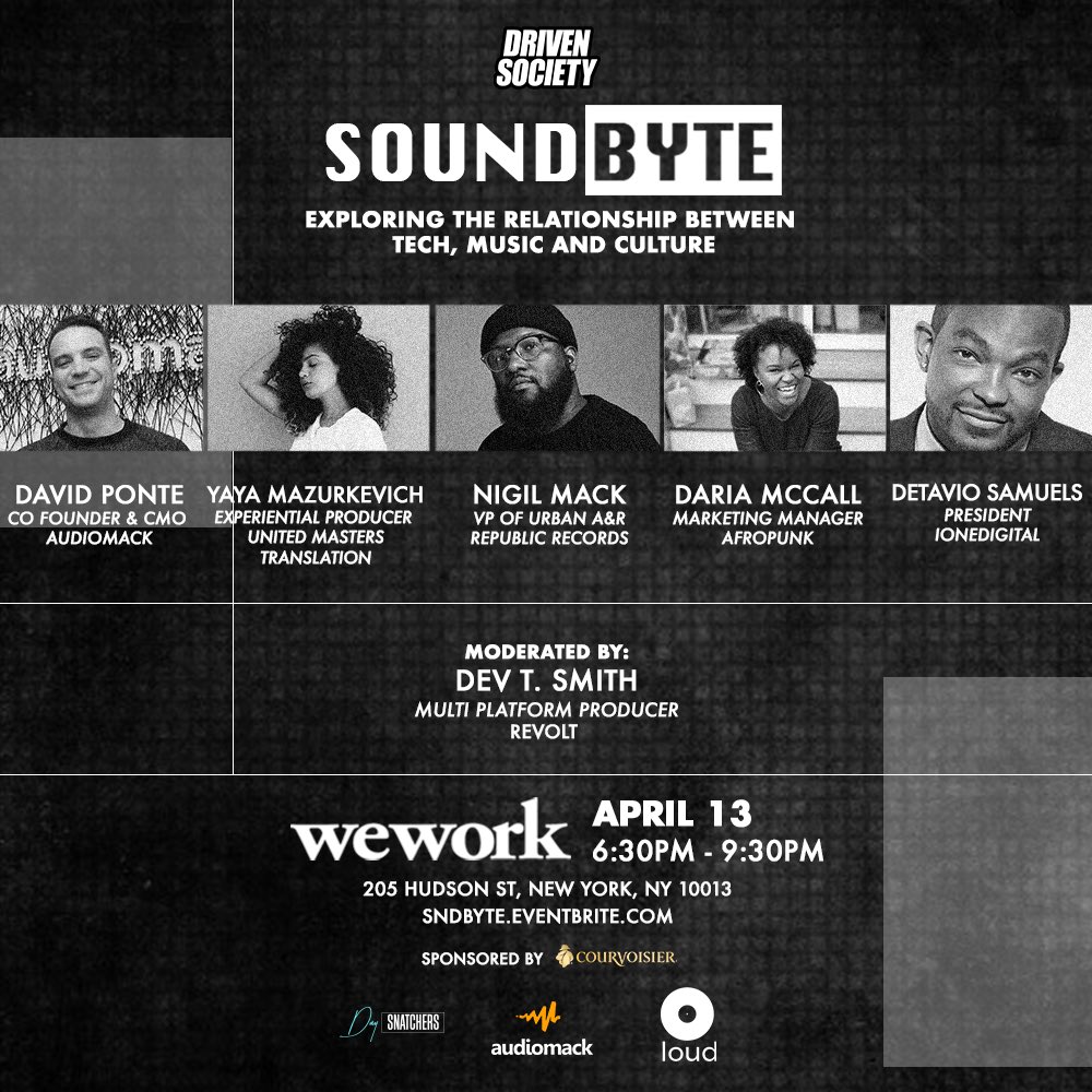DrivenSociety's tweet image. Join us at @wework Tribeca on Friday April 13 as we present the #SOUNDBYTE panel, a talk with prominent &amp;amp; influential trailblazers in the music &amp;amp; tech scene