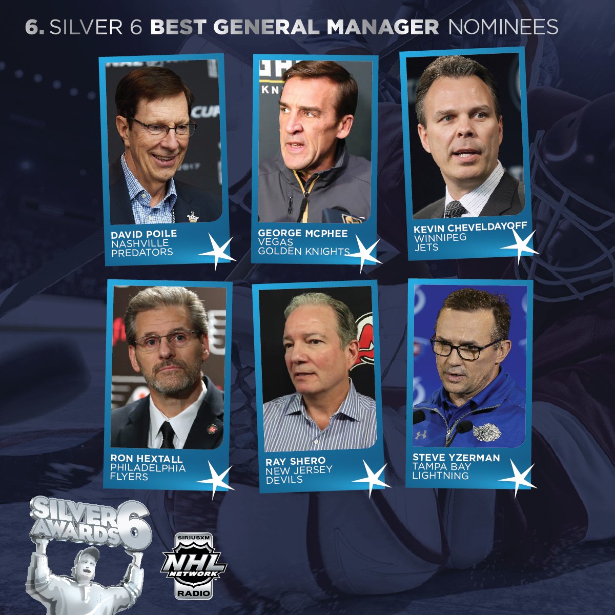 SiriusXMNHL's tweet photo. 3rd Annual #SilverSix Award winners will be announced tomorrow

Best #NHL GM Nominees

#Preds - David Poile
#VegasBorn - George McPhee
#gojetsgo - Kevin Cheveldayoff
#LetsGoFlyers - Ron Hextall
#NJDevils - Ray Shero
#GoBolts - Steve Yzerman

VOTE NOW - https://t.co/iSk6LJQ5AB https://t.co/GTEMWpXI8U