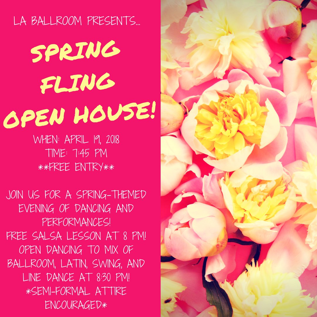 Our Spring Fling Open House is taking place on Thursday, April 19th at 7:45 pm! Join us for a spring-themed evening with a salsa lesson at 8 pm and open dancing to a mix of ballroom, latin, swing, and line dancing music at 8:30 pm! Semi-formal attire is encouraged, entry is FREE!