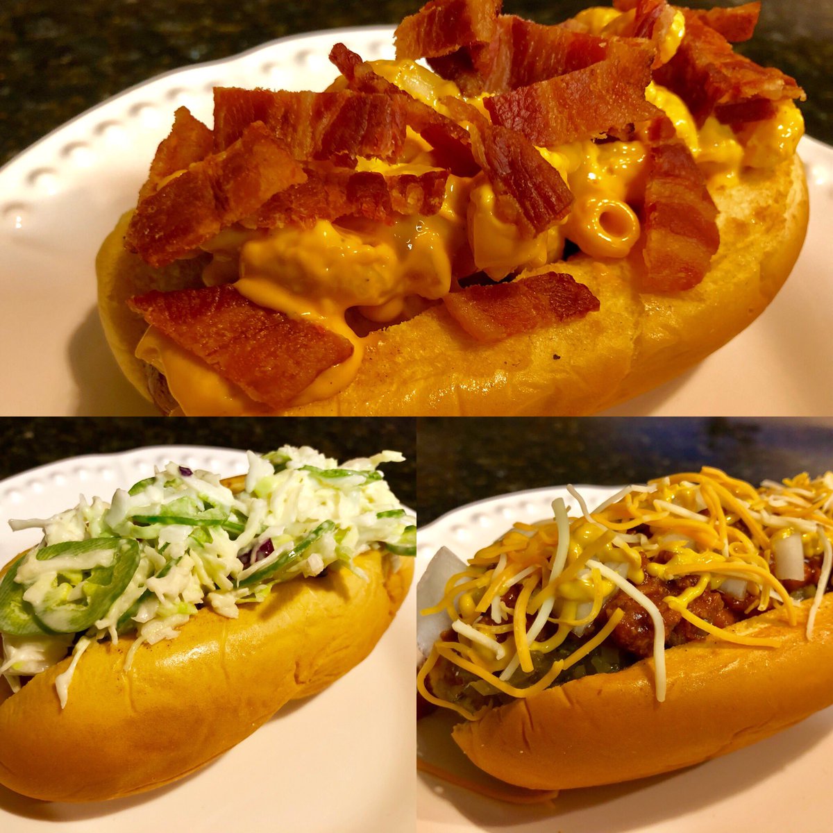 And some nights, I just make a simple dinner like hot dogs!!  1. Bacon, Mac &amp; Cheese dog; 2. Jalapeño Cole Slaw dog; and 3. Traditional Chili dog with relish, mustard, onions, and cheese.  All made with beef brats. Delicious!! <a href="/FoodNetwork/">Food Network</a>