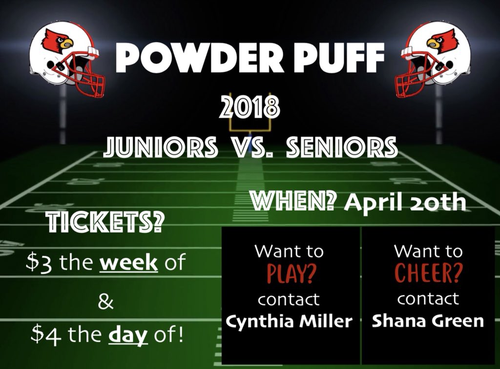 It’s that time for Powder Puff! Juniors and Seniors sign up to play, cheer or even be a coach! You must fill out a form where you can get from Ms. Miller in C206 or Coach Green in the cheer room. Forms must be turned in by Friday April 13 @ noon.