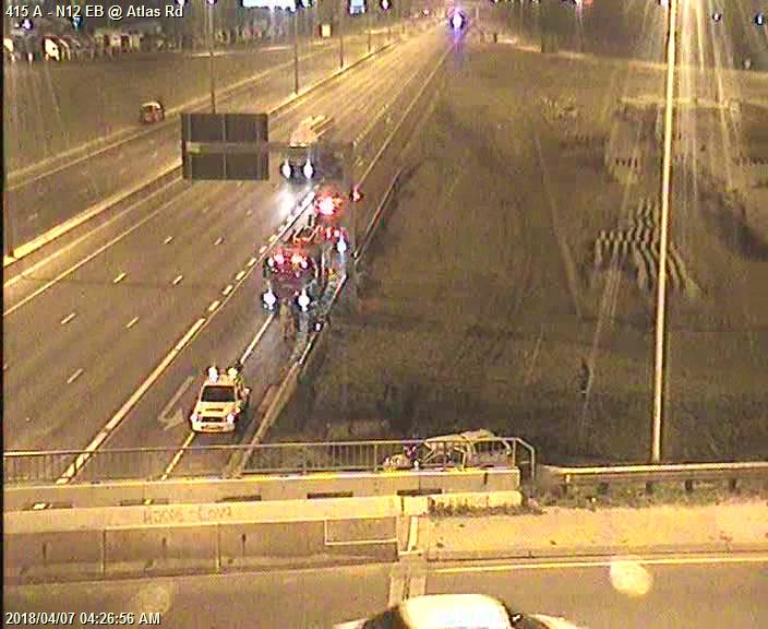 131857: Crash (Overturned Vehicle) on N12 Eastbound after Atlas Road I/C. Left lane closed. Free flowing traffic