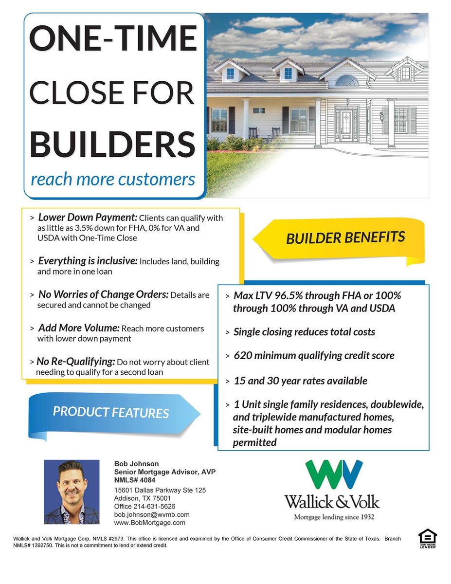 realbobmortgage's tweet photo. Building a house?  Keep the financing simple with our One Time Close.
Give us a call at 214-631-5626 or bobmortgage@wvmb.com

#bobmortgage #onetimeclose #builder #creativefinancing #wallickandvolk #bilingualmortgage https://t.co/JXBpa6VJib