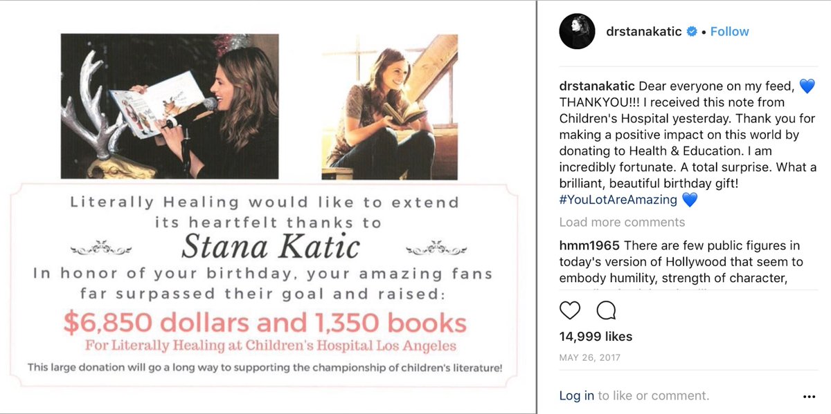 #FBF 2017 Goal #1000Books4Stana
#StanaKatic fans reached that goal + $6,850 in gift cards for LiterallyHealing for more book purchases in 2017!This year,YOU've raised $4,157.78 + 59 books! More than halfway to last years total with 20 days til Stana's 40th Birthday!! 🎉💝📚👶🏥💞