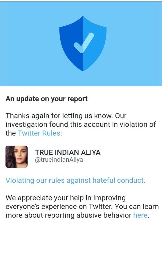 Attention-3

@TrueindianAliya 's tweet, according to Twitter policy, was violent.

Because of which their account has been suspended by Twitter.

Thank you.

#TeamRed
#ETF
#TKL
&
All
#National_IntegrationTeam
