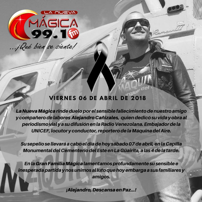 Nos unimos al duelo que embarga a todo un país por la pérdida de nuestro amigo y compañero Alejandro Cañizales <a href="/AleCanizales/">Alejandro Cañizales</a> 

¡Vuela alto, Gran Amigo! #QEPD 🖤