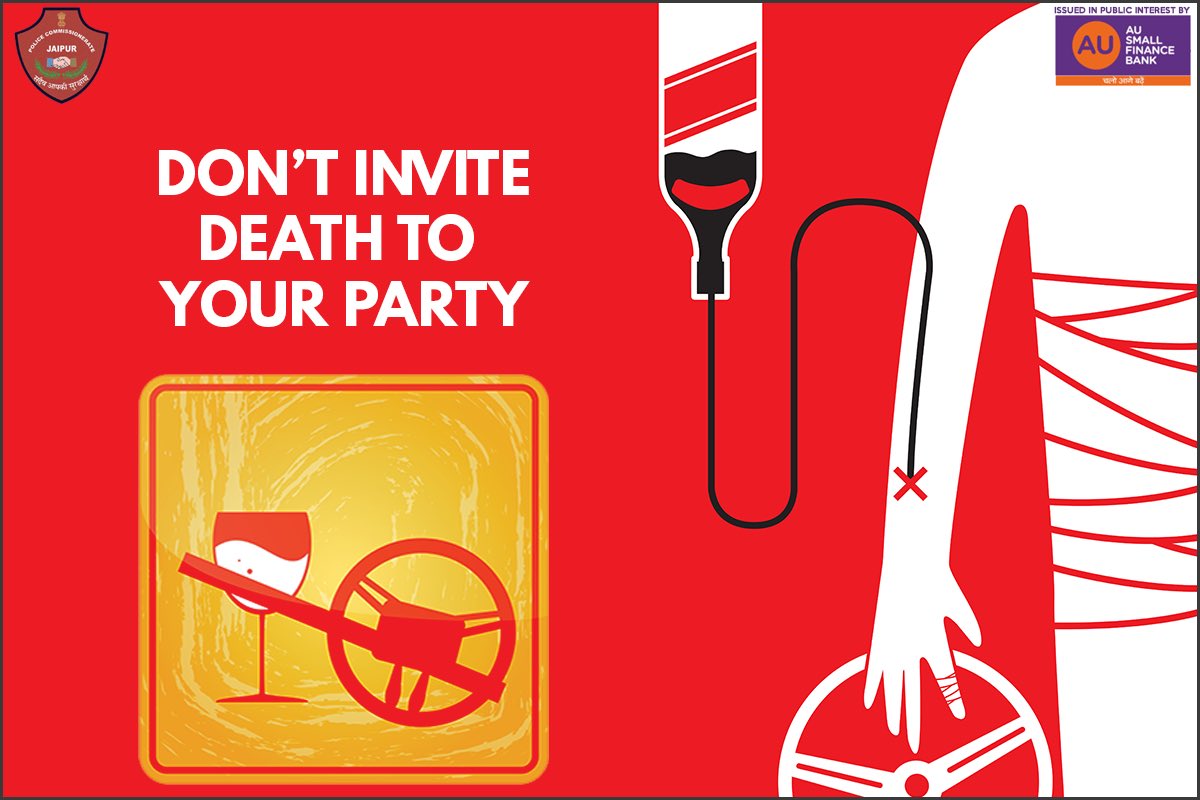 jaipur_police's tweet photo. Do not let this #Weekend become your last. Stay Alive - #DontDrinkAndDrive!
#JaipurPolice #SafeJaipur #BeAlert #BeSafe https://t.co/ml3Qd5GAZK