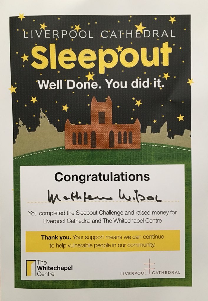 So proud of my son for taking part in the @WhitechapelLiv #CathedralSleepout @LivCathedral last night 👏 There’s still time to sponsor him using this link 👉 uk.virginmoneygiving.com/Team/Fundraisi… Massive thanks to everyone who’s already donated 🙌 #helpthehomeless