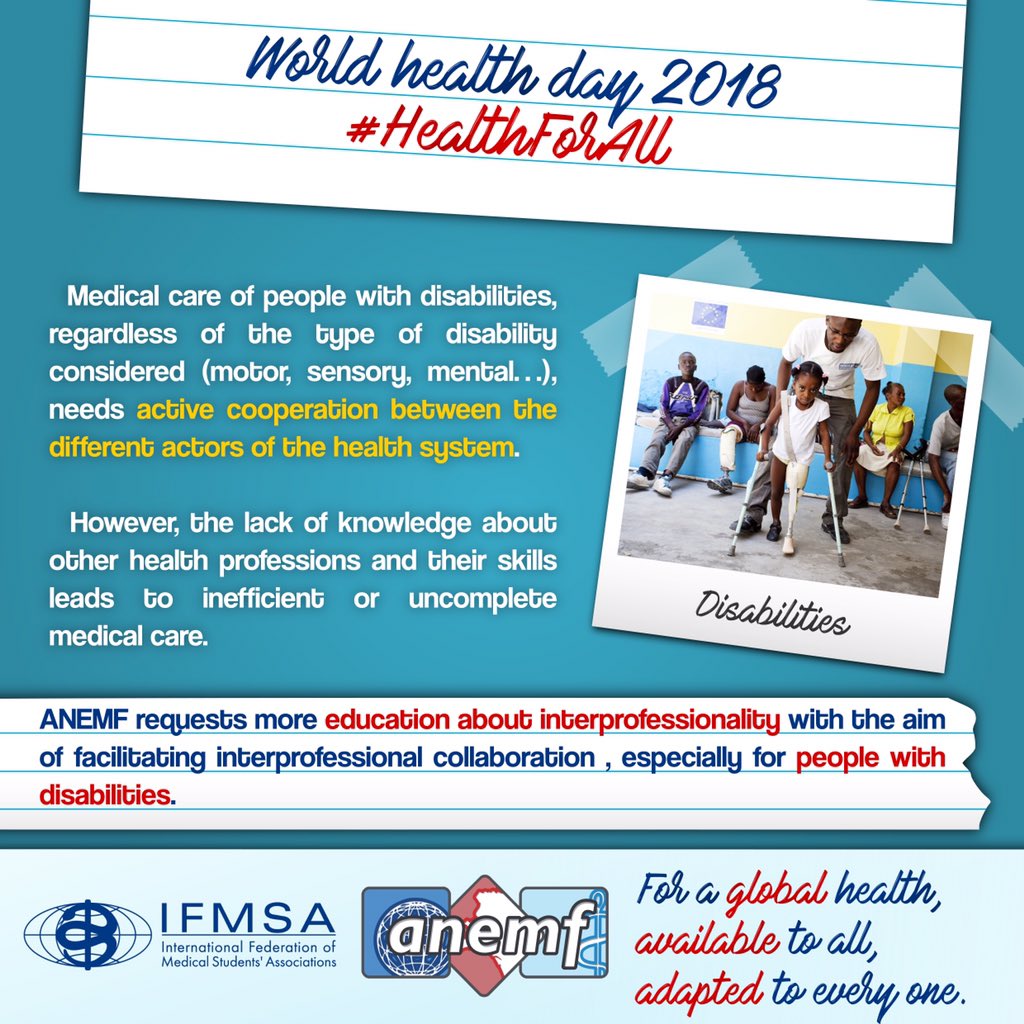 ANEMF's tweet photo. 🇫🇷 | Le manque de formation à l’#interprofessionnalité complique la prise en charge des personnes en situation de #handicap.
🇬🇧 | Lack of training about #interprofessionality makes medical care of people with #disabilities more complicated.

#WorldHealthDay2018 cc @IFMSA
@WHO https://t.co/aHMKHODVX3