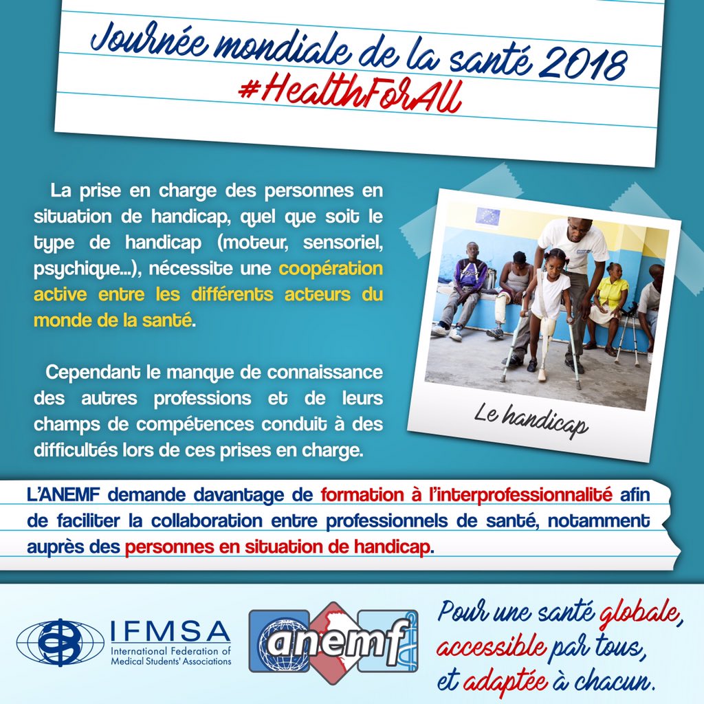 ANEMF's tweet photo. 🇫🇷 | Le manque de formation à l’#interprofessionnalité complique la prise en charge des personnes en situation de #handicap.
🇬🇧 | Lack of training about #interprofessionality makes medical care of people with #disabilities more complicated.

#WorldHealthDay2018 cc @IFMSA
@WHO https://t.co/aHMKHODVX3