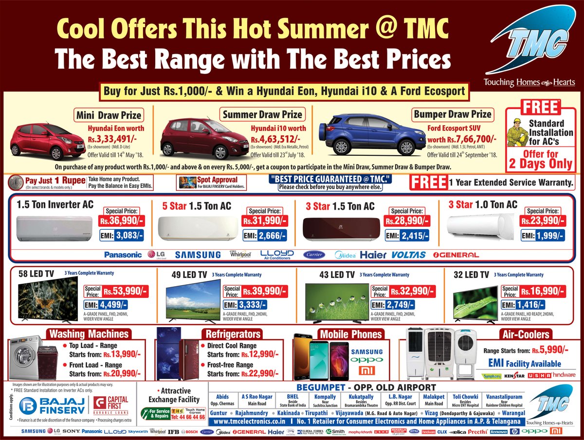 TMC_Electronics's tweet image. Cool Offer This Hot SUMMER @TMC_Electronics 
The Best Range with The Best Prices
Buy for just Rs.1000/- and Win a Hyundai Eon, Hyundai i10 &amp;amp; a ford ecosport in a Bumper Draw
Visit your Nearest Branch Today 
tmcelectronics.co.in
#TMCElectronics #SummerOffers
#ElectronicsOffers