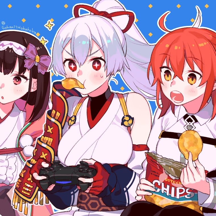 ぐだ子 ,刑部姫(Fate) ,アーチャー・インフェルノ(Fate) 「リク:アーチャーインフェルノとポテチ
#皿のめしとおやつ 」|皿のイラスト