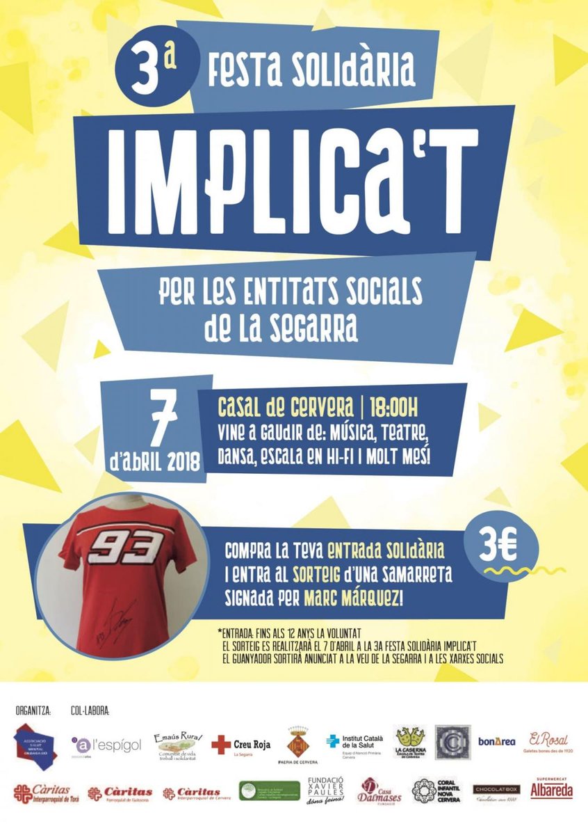 SomSegarra's tweet photo. Sense plans per al cap de setmana? Festa IMPLICA’T, Conferència @JusticiaiPau i Univers poètic de @mdepedrolo a #Cervera, concert de #RedRombo i @Sara_Terraza a @CasinodeCalaf @loCarranquer @7lletres @CERCLEsegre @LleidaTV + info https://t.co/83ptb5MMwU https://t.co/J6NkMQVN02
