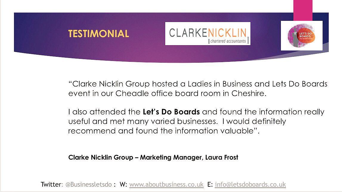 Businessletsdo's tweet photo. Fab testimonial received from @ClarkeNicklin after attending #letsdoboards Thank you Laura for great comments & for hosting our event #cheadle @thefutureltd @vald14 https://t.co/Dtm96py8Kr