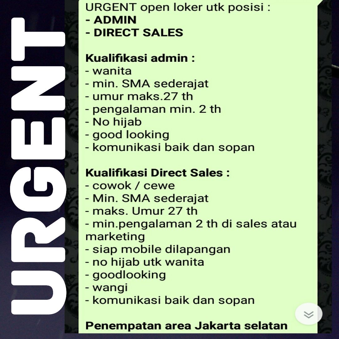 spgeventindo's tweet photo. Urgent loker :
1. ADMIN
2. DIRECT SALES
Penempatan di Jaksel
CP : 08571122721 (WA) Rizky https://t.co/XIBO7JOWwD