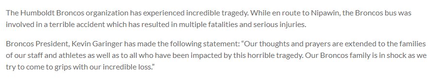 The Humboldt Broncos organization confirms in a statement that its junior hockey team bus was involved in an accident "which has resulted in multiple fatalities and serious injuries" while traveling to a town in Saskatchewan, Canada.