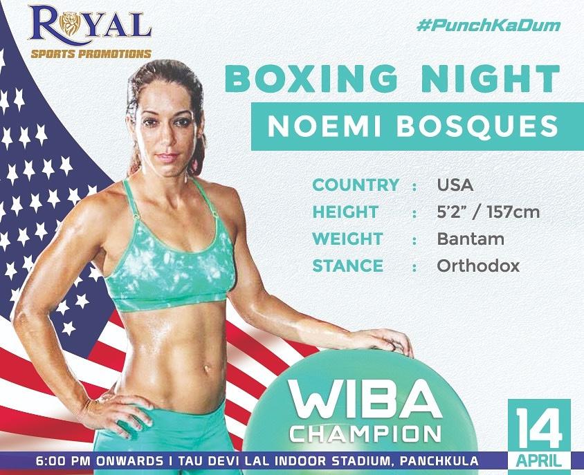 RoyalSportsLive's tweet photo. Let's spread the news that Boxer @NoemiBosques (USA) is coming to India. She will be fighting live against India's Kirti on 14th April, at Tau Devi Lal Stadium Panchkula.

Don't miss the lifetime opportunity. 

#PunchKaDum @Panchkula by #NoemiBosques https://t.co/FMlK8zPBx2