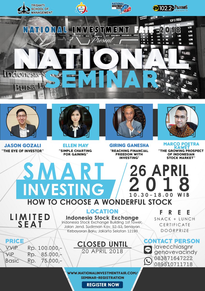 Gengs, ada seminar dari Trisakti University "Smart Investing" yang bisa kalian datengin nih! 

26 April 2018 
10:30 - 18:00
di Indonesia Stock Exchange
Jakarta

see you!