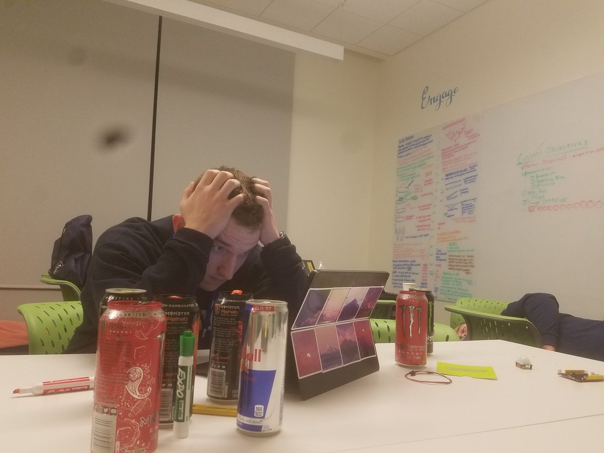 _JohnHammond's tweet photo. One Red Bull will give you a lil energy boost. Seven will elevate your consciousness into the ethereal plane #hackuconn https://t.co/smxHtX3Uxl