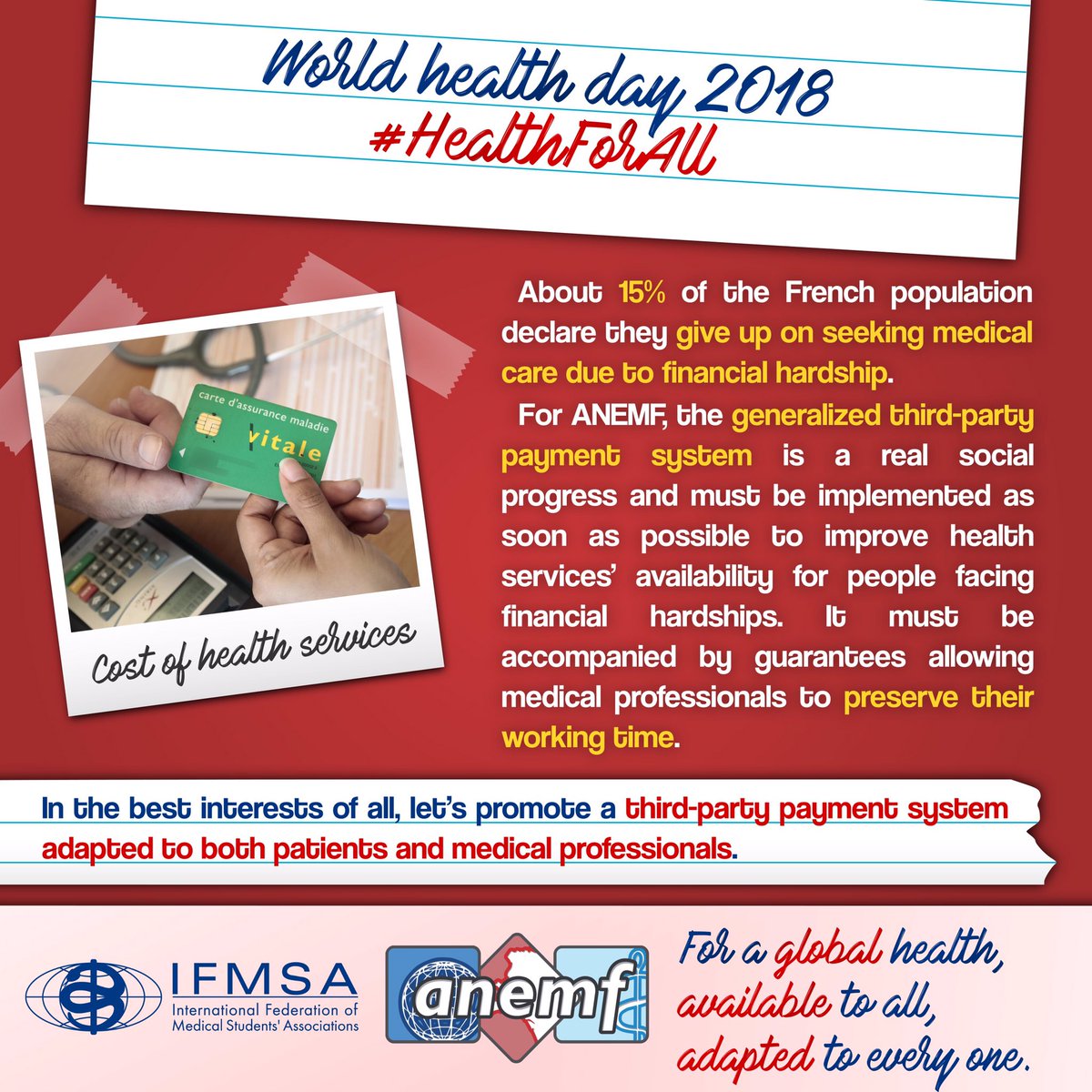 ANEMF's tweet photo. 🇫🇷 | Le #TPG peut apporter des solutions aux inégalités sociales de #santé.
🇬🇧 | A generalized third-party payment system can help solve financial hardships linked to #healthcare services’ cost.

#WorldHealthDay2018 cc @IFMSA @WHO @WHO_Europe https://t.co/HZHZdgOLaD