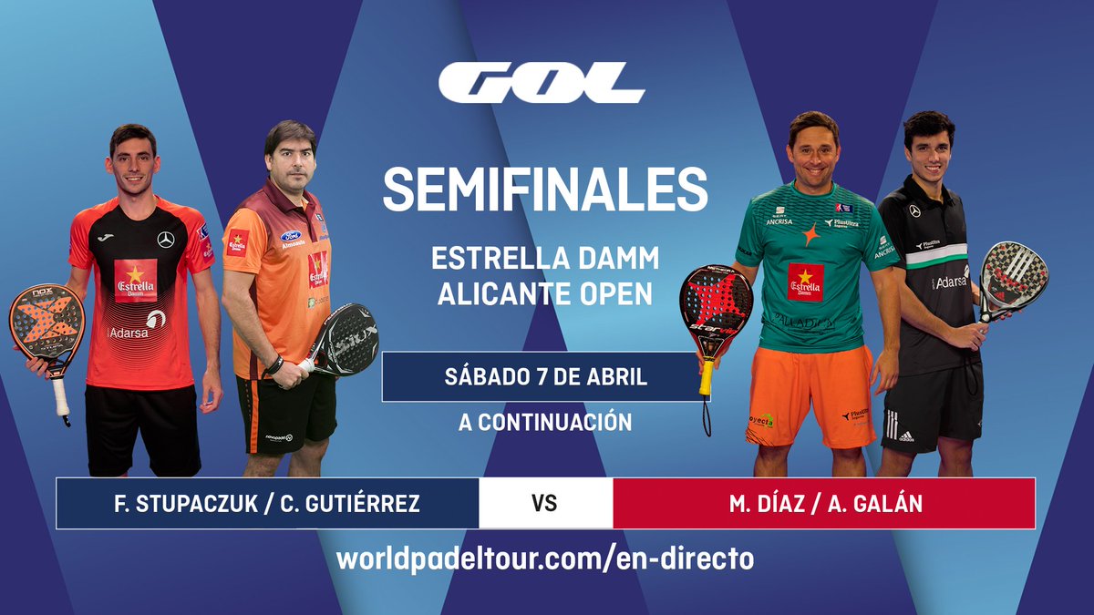 MasPadelX3's tweet photo. Comenzamos en 45 minutos. Disfruta en directo desde tu televisión en @Gol de las semifinales del #WPTAlicanteOpen https://t.co/ILC47AKUgj