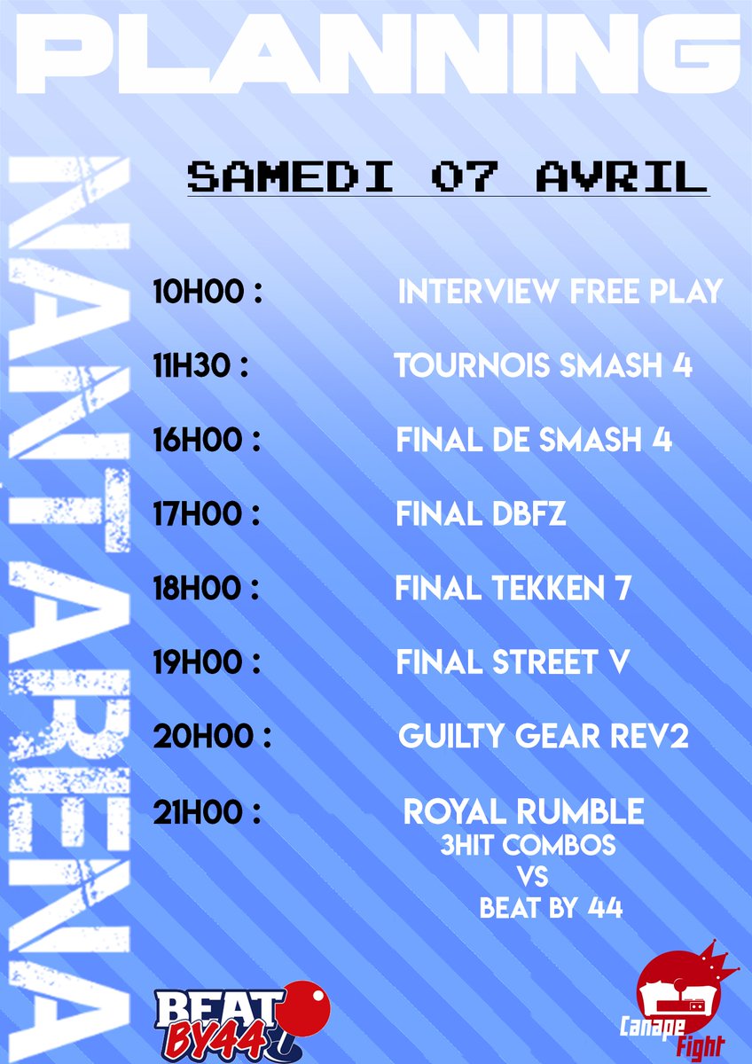 Canape_Fight's tweet photo. Le planning de la Nantarena est en ligne !
Et on commence par du sm4sh :D
https://t.co/rBATtnDwhT
#Nantarena #NA18 #bb44 #Polythech #Nantes #esport #vsfighting https://t.co/EMhH38e58i