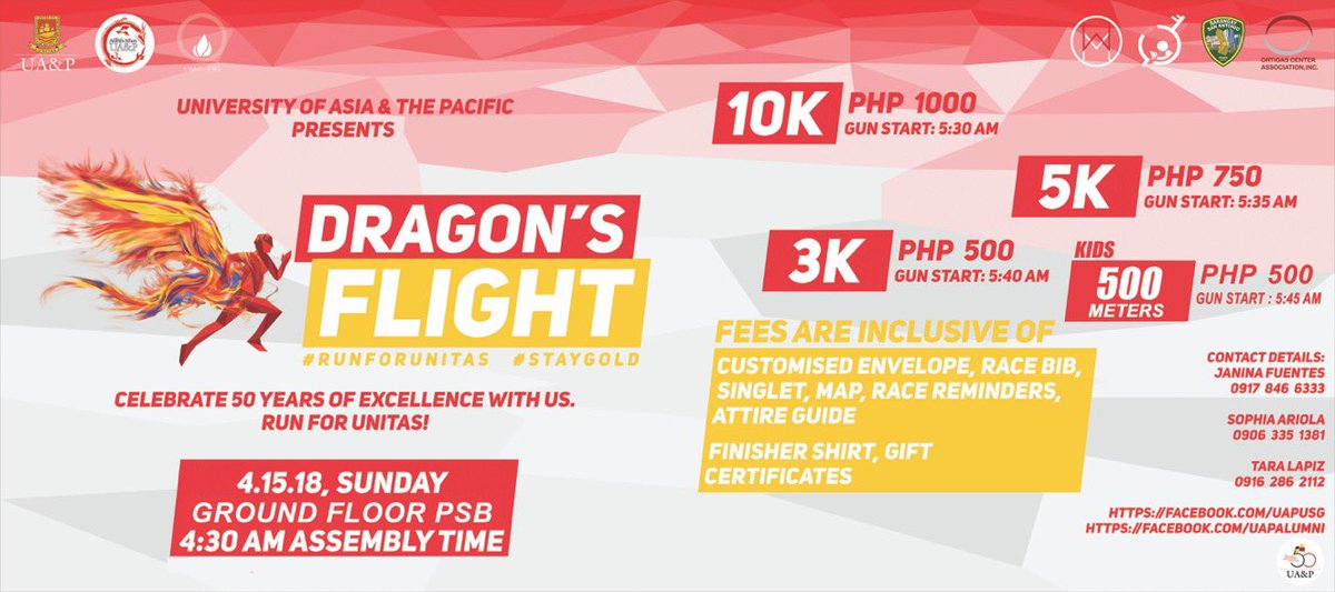 UAPFirestarters's tweet photo. Join Dragon's Flight on April 15, 2018. 

TIP: Avail the barkada bundle (5+1) so you can run with your friends! ❤️💛

You can still sign up until April 10. https://t.co/hOelkbZZQt