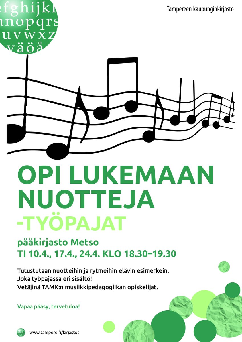 MetsonMusiikki's tweet photo. Opi lukemaan nuotteja -työpajat tulee! Eka kerta ensi ti 10.4. Pajassa tutustutaan nuotteihin ja rytmeihin elävin esimerkein. Liikkeelle lähdetään nuotinluvun alkeista käytännön harjoitusten avulla. Joka  työpajassa on eri sisältö! #musiikki #nuotit @Tamperekaupunki @trekirjasto https://t.co/SfR5JGPxNe