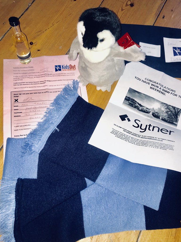 PaulTambini's tweet photo. Thanks again @CardiffLS for last night’s @KidsOut dinner 👌;

- signed up for half marathon ✅ 
- got a baby penguin ✅
- got a new car for weekend ✅
- top 5 in quiz ✅
- got a blues scarf ✅ https://t.co/oqJ6BGvyUI