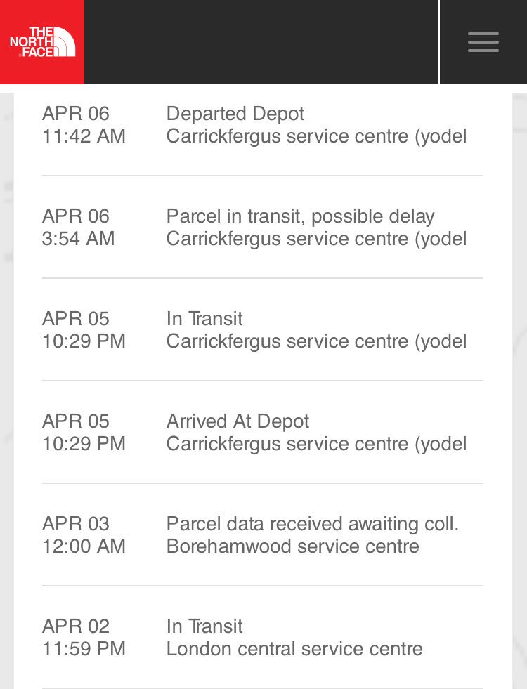 Can anyone at <a href="/YodelOnline/">Yodel by InPost Delivery Network</a> or <a href="/thenorthface/">The North Face</a> explain why my package went from London, where I am, to Northern Ireland, where I’m not...