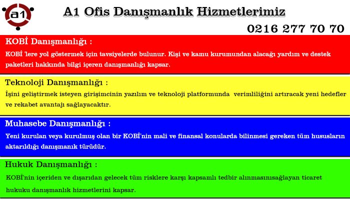 A1 Ofis Bünyesinde Bulunan Konusunda Uzman Danışmanlardan; Teknoloji, Hukuk, Muhasebe ve Kobi Danışmanlığı Alarak İşinizi Doğru Bir Şekilde Yön Vererek Büyütebilirsiniz.
a1ofis.com/hizmetlerimiz/…
Tel: 0216 277 70 70