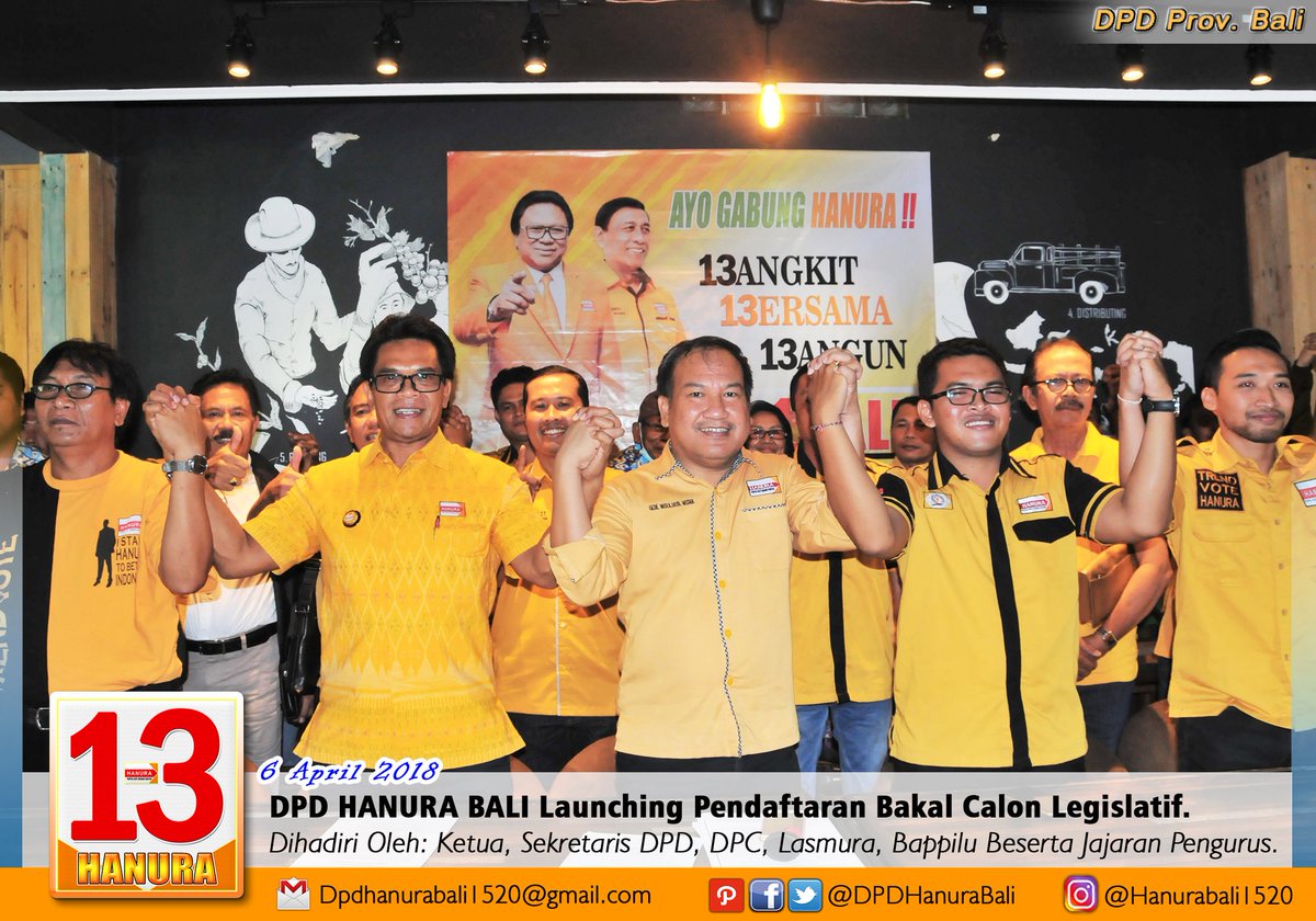 DPDHanuraBali's tweet photo. LAUNCHING Pendaftaran Bakal Calon Legislatif.
Bukan hanya kader-kader terbaik, namun kami juga mengundang tokoh masyarakat, para profesional, stake holders, mengajak para seniman dan budayawan untuk menyuarakan aspirasi secara langsung dengan duduk di kursi legislatif. https://t.co/RFTiI2Yt8O