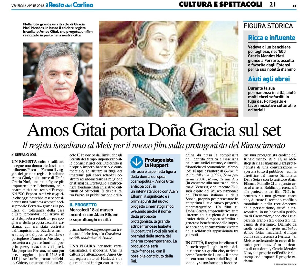 Il 18 aprile, il regista #AmosGitai sarà a #Ferrara, al #MEIS e al <a href="/CinemaBoldini/">Cinema Boldini</a>, per incontro sul suo nuovo film dedicato a #DoñaGracia e per la proiezione di #Tsili. Evento in collaborazione con <a href="/ComuneDiFerrara/">Comune di Ferrara</a> e #ArciFerrara