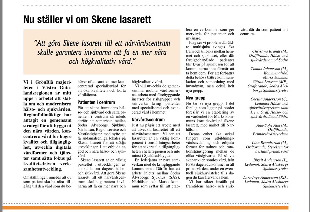 LBrandstrm's tweet image. GrönBlå majoriteten i #vgr är mitt uppe i arbetet att ställa om och modernisera hälso- och sjukvården. Nu ställer vi om Skene lasarett till ett närvårdscentrum på liknande sätt som vi utvecklar Nära vård i norra Skaraborg kring Mariestads sjukhus.
#Markbladet #vgpol #grönblå
