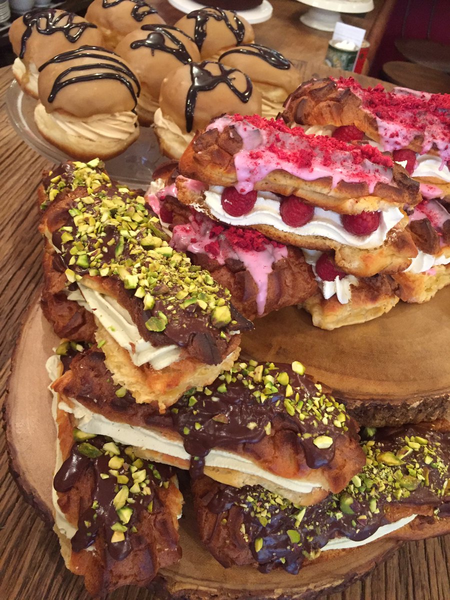 kitstockbridge's tweet photo. Who wouldn't want a raspberry &amp; cream eclair or a chocolate &amp; pistachio cream eclair or maybe a bad boy big fudge doughnut 😛 https://t.co/dEfquJq2t2