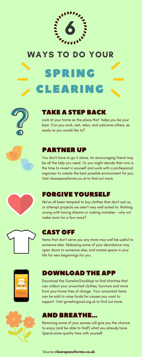 GoneForGoodApp's tweet photo. #Thanks @clearspaceforme for this #springclearing infographic. Great advice from an #APDO #ProfessionalOrganiser! #UKWeekendHour https://t.co/P9oD7ZjQ0C