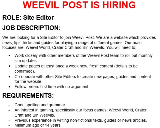WeevilPost's tweet photo. Weevil Post is actively looking for a new Site Editor to start ASAP.  Please take a look at the role description and requirements and email us  at weevilpost@gmail.com answering the questions if you're interested. https://t.co/W66YuTOFNS