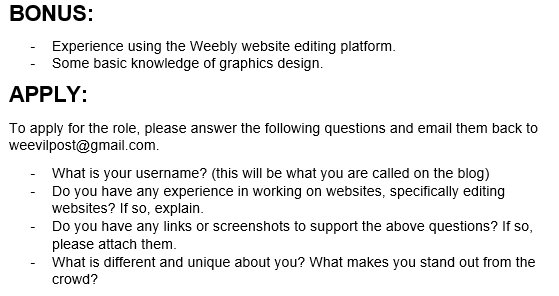 WeevilPost's tweet photo. Weevil Post is actively looking for a new Site Editor to start ASAP.  Please take a look at the role description and requirements and email us  at weevilpost@gmail.com answering the questions if you're interested. https://t.co/W66YuTOFNS