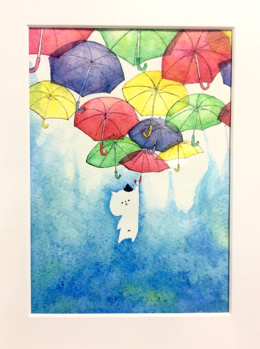 おこにゃん 雨の日 雨 傘 水彩画 猫 ネコ ねこ イラスト 可愛い 手描き 癒し 絵描きさんと繋がりたい イラスト好きな人と繋がりたい Cats