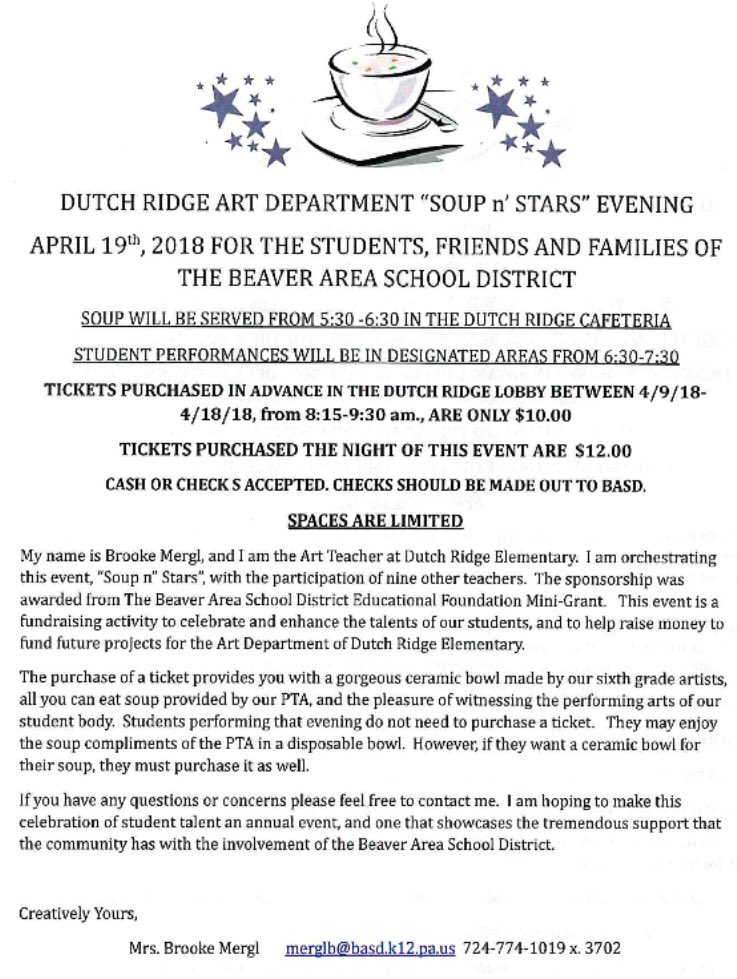 BeaverAreaSD's tweet photo. #DutchRidge @BeaverAreaSD is hosting “Soup n’ Stars” on April 19th. Students made ceramic bowls &amp; PTA will serve soup — eat the soup &amp; keep the bowl. Performing arts “stars” will also entertain. Tickets are $12 at the door. Money funds future #creative art projects. #Bobcats2018 https://t.co/UBljG3AEZj