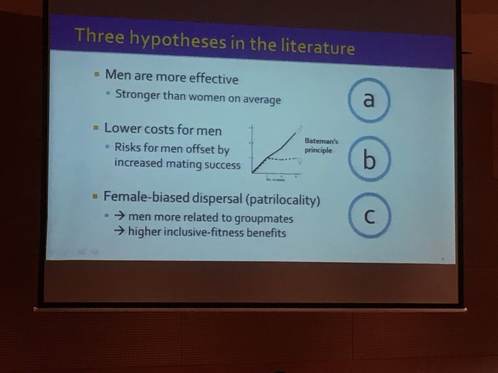 JSTorrance's tweet photo. Final talk of the session @AJCMicheletti talks about how we may have ended up with war as a  male phenomenon, modelling indicates some early historical chance factors and ecological differences can heavily influence things even if ecological factors change over time #EHBEA2018 https://t.co/BAagCeDdGt