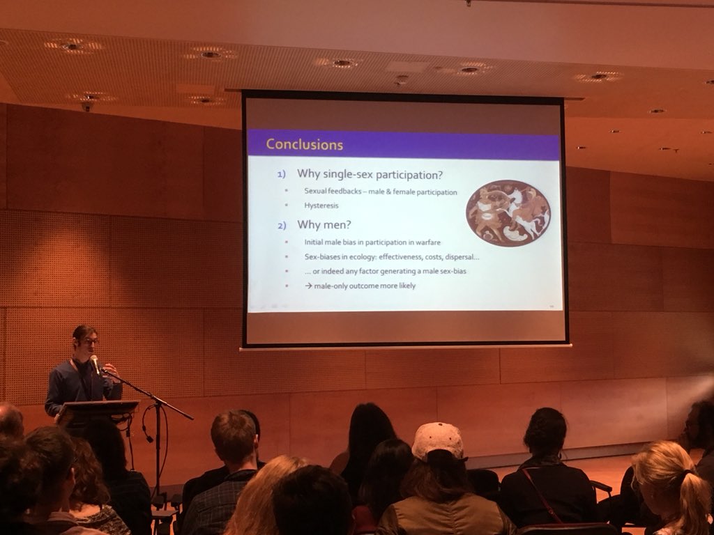 JSTorrance's tweet photo. Final talk of the session @AJCMicheletti talks about how we may have ended up with war as a  male phenomenon, modelling indicates some early historical chance factors and ecological differences can heavily influence things even if ecological factors change over time #EHBEA2018 https://t.co/BAagCeDdGt