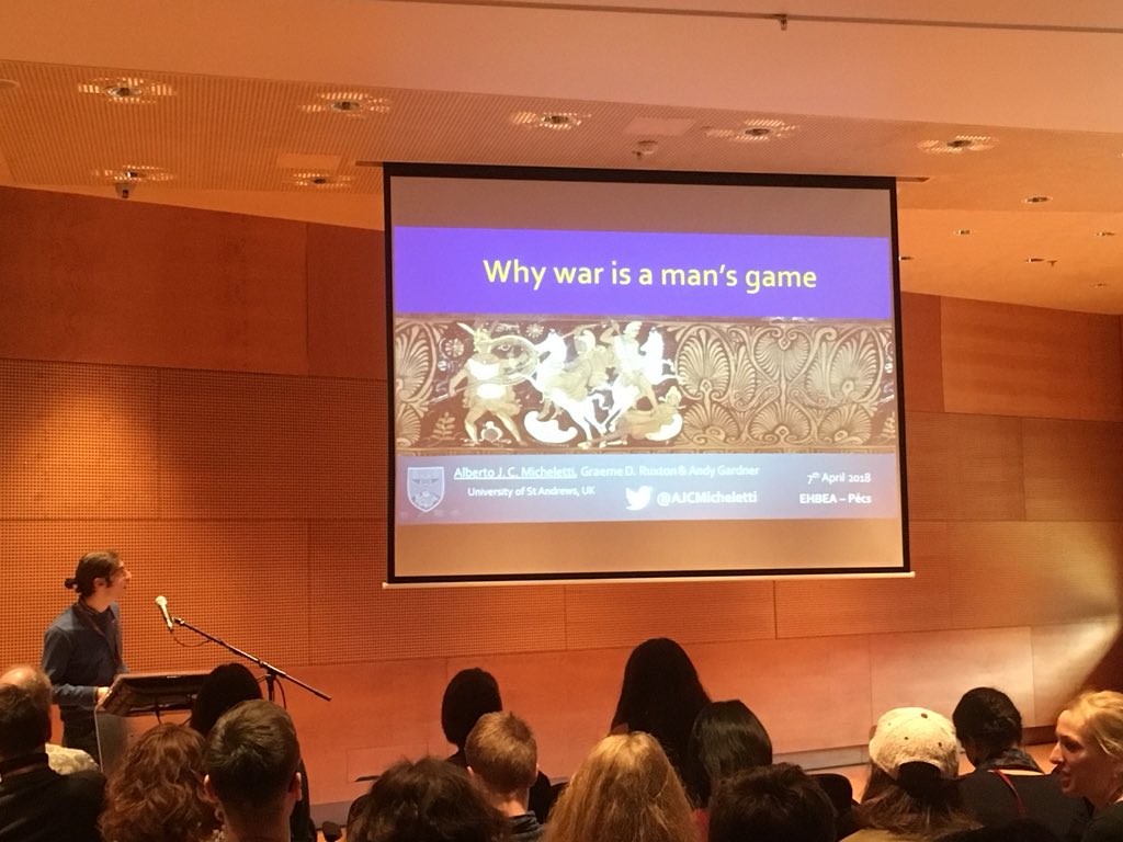 JSTorrance's tweet photo. Final talk of the session @AJCMicheletti talks about how we may have ended up with war as a  male phenomenon, modelling indicates some early historical chance factors and ecological differences can heavily influence things even if ecological factors change over time #EHBEA2018 https://t.co/BAagCeDdGt