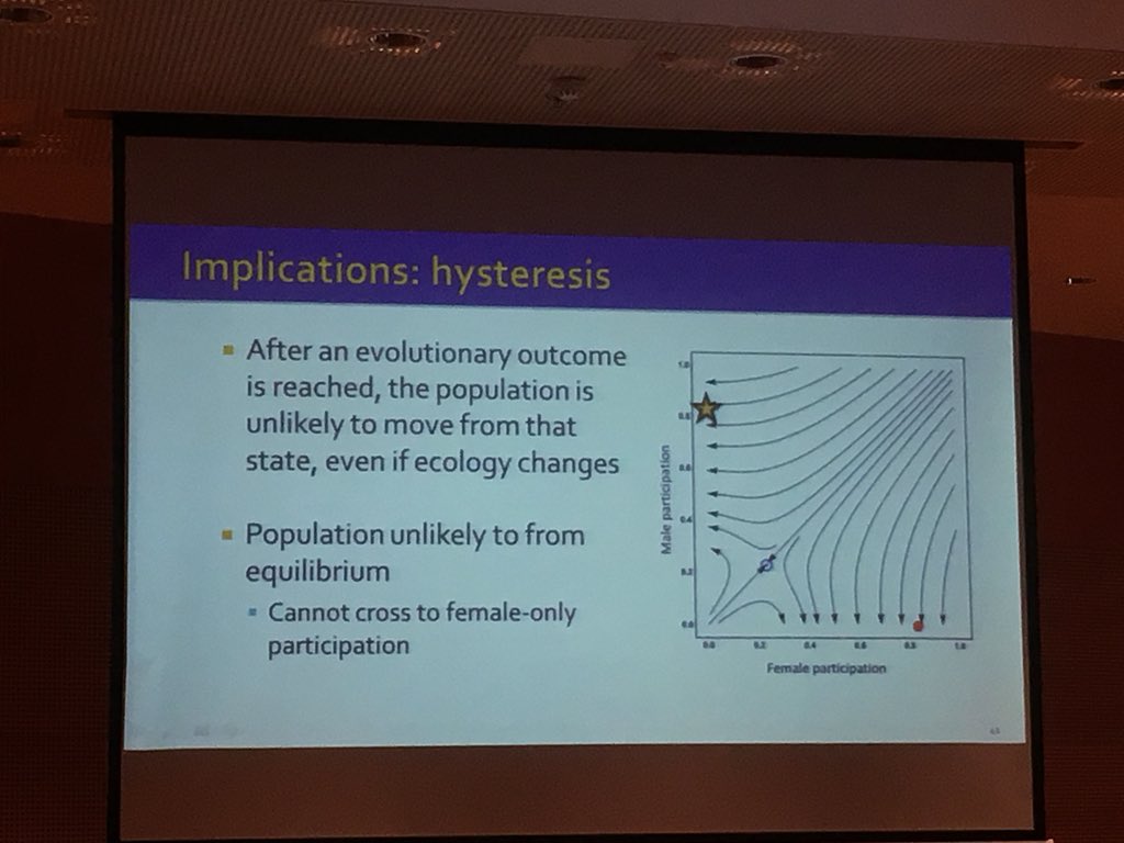 JSTorrance's tweet photo. Final talk of the session @AJCMicheletti talks about how we may have ended up with war as a  male phenomenon, modelling indicates some early historical chance factors and ecological differences can heavily influence things even if ecological factors change over time #EHBEA2018 https://t.co/BAagCeDdGt