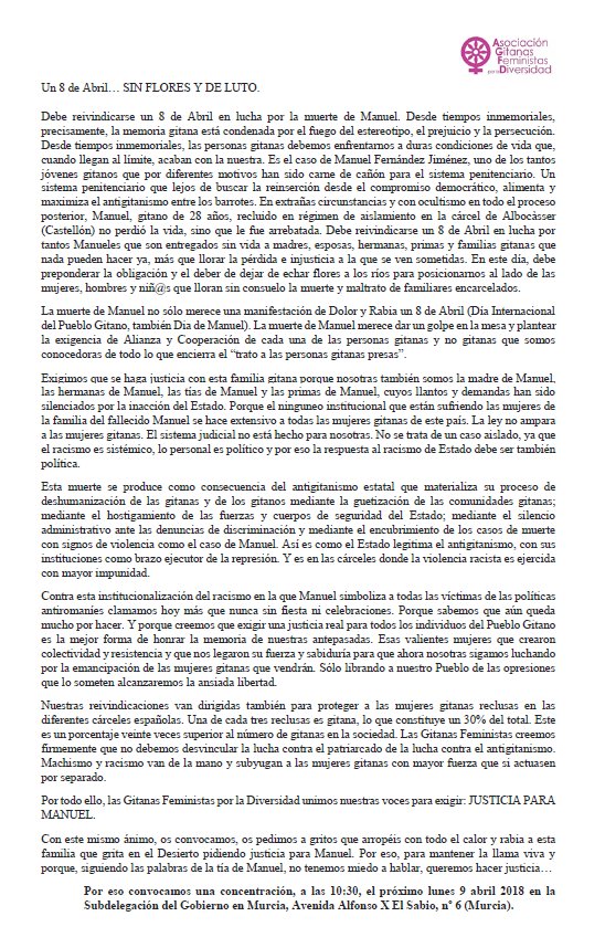 ASOCIACIÓN GITANAS FEMINISTAS POR LA DIVERSIDAD CONVOCA CONCENTRACIÓN PARA HACER JUSTICIA POR MANUEL EL DÍA 9 A LAS 10:30 EN MURCIA. Un bus saldrá desde Cartagena a las 9:30, desde el Mandarache hacia Murcia. ESTA CAUSA ES DE TODAS Y TODOS. VEN, ÚNETE, COMPARTE y DIFUNDE.