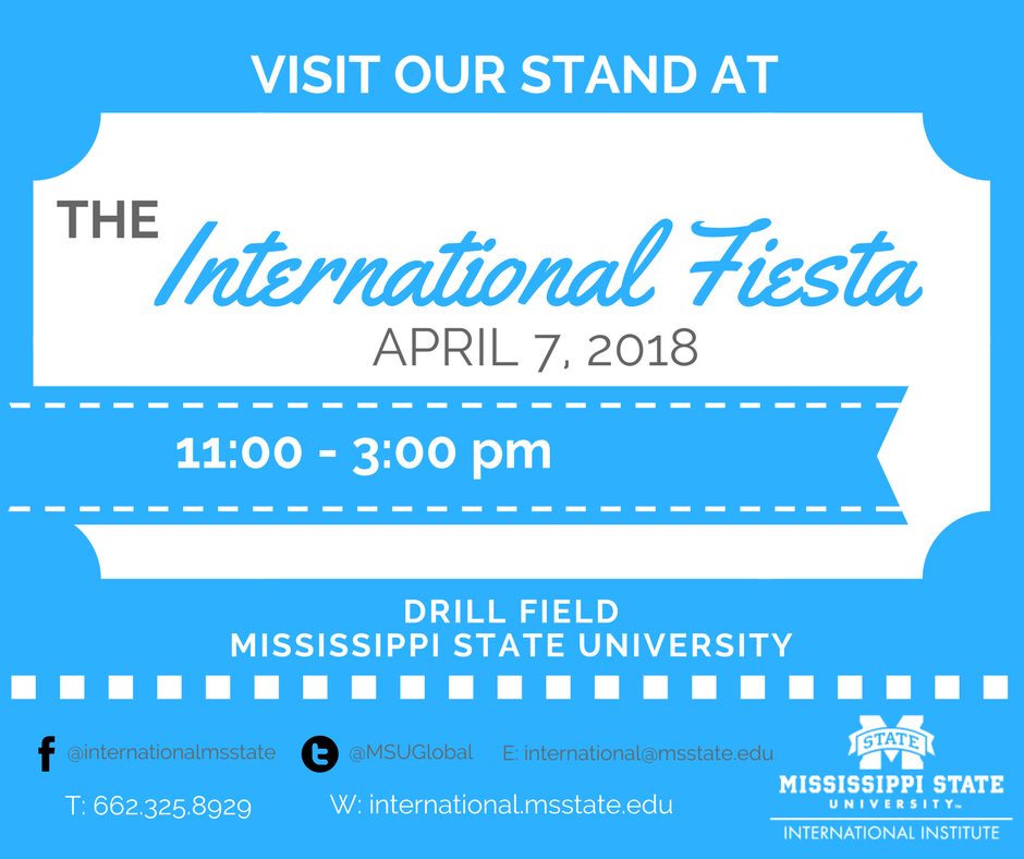 msstateglobal's tweet photo. Come visit our stand at the 28th Annual International Fiesta and stand a chance to win one of 20 prize packs from the International Institute #MSUGlobal https://t.co/LO2sO6TE4L
