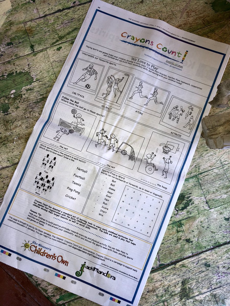 CrayonsCount's tweet photo. Our Crayons Count activity page in today’s @JamaicaGleaner is all about play and sports - build muscles, learn teamwork, cooperation + fairness plus much more. #CrayonsCount https://t.co/VaXB5sxwzO