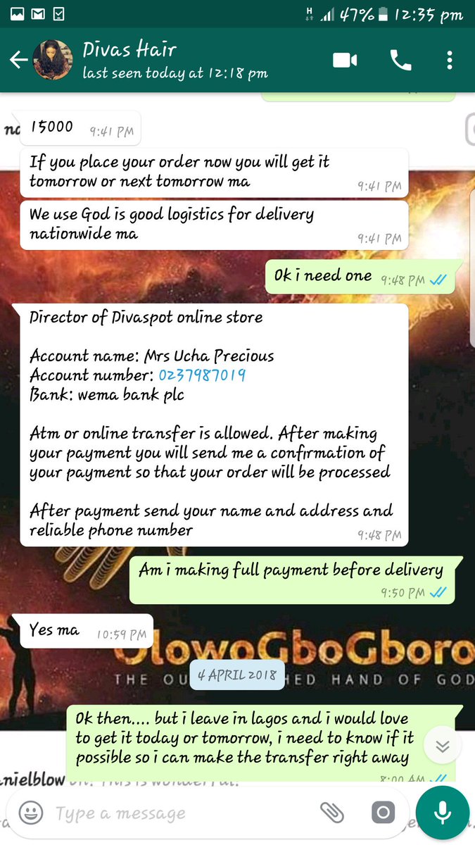 AghedoFaith2's tweet photo. SCAM ALERT!! Divas Collections.....
Plz o friends u guys should beware of this Facebook sales, many of them are scam... i have just been duped by "Divas Collections" they will tell u their store is in Abuja and they only do "pay before delivery, They are scammers https://t.co/fyaZkx48n3
