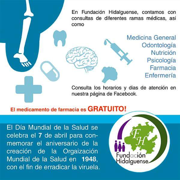 Hoy se conmemora el #DíaMundialdelaSalud.
De lunes a viernes, te ofrecemos en nuestra #UnidadMédicaFH consulta en Medicina general, Odontología, Nutrición, Psicología y Enfermería, si contamos con el medicamento, es gratuito.
