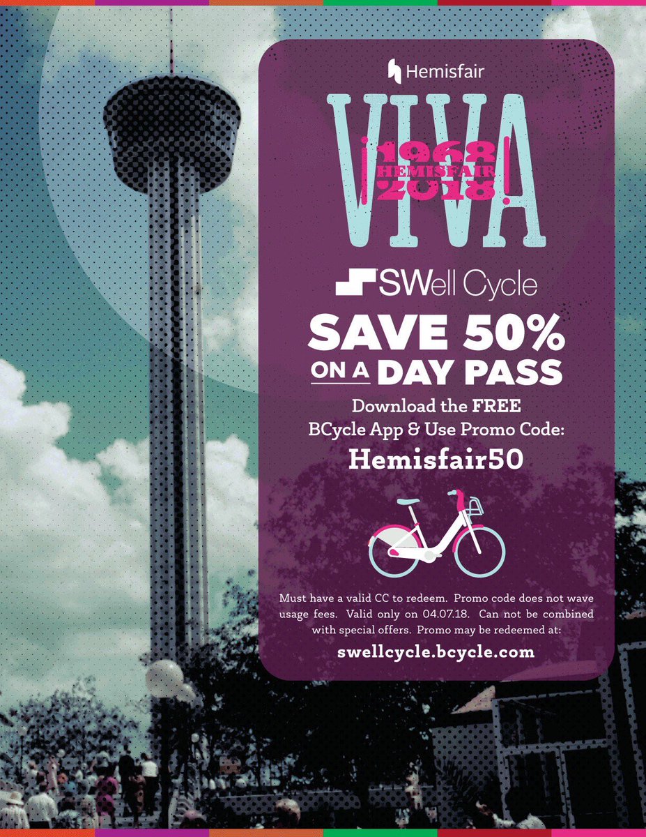 hemisfair's tweet photo. Donโt forget! Save 50% on a day pass with @SWellCycle today for ยกViva Hemisfair! Use promo code Hemisfair50 #Hemisfair #SWellCycle https://t.co/DAugcsQYPi